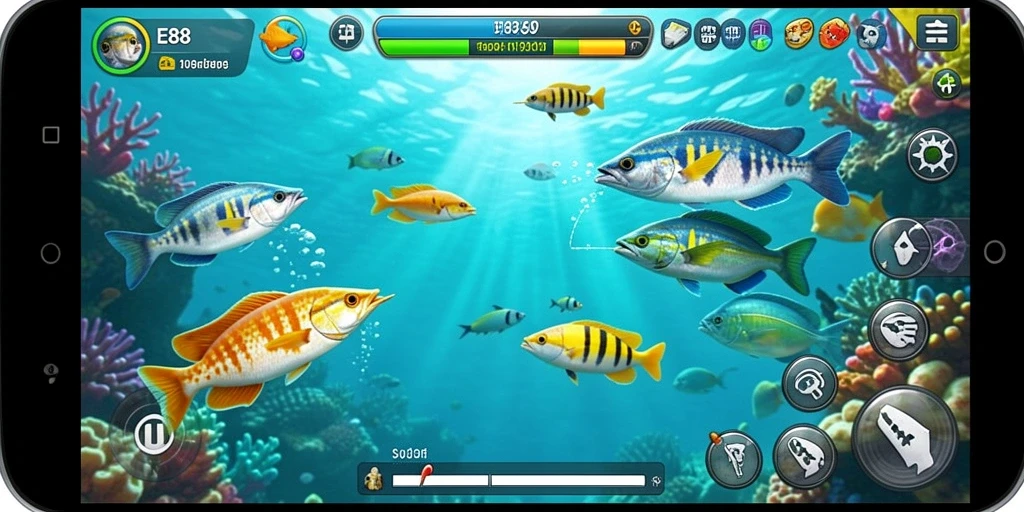 Tangkapan layar gameplay E88 yang menampilkan serunya menembak ikan.