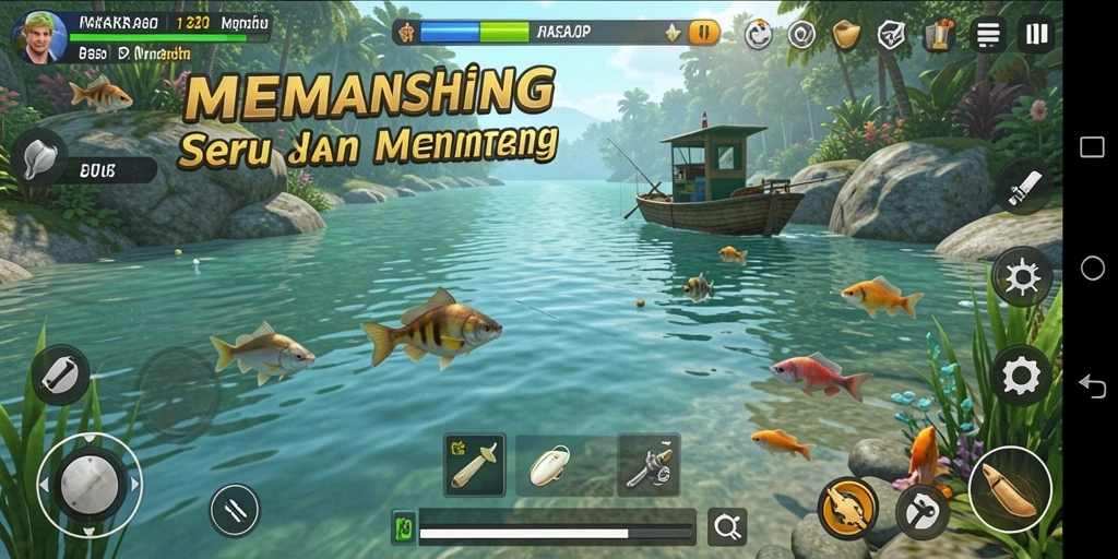 Screenshot PAKARJP menampilkan pemain yang menangkap ikan besar dengan latar belakang yang indah.