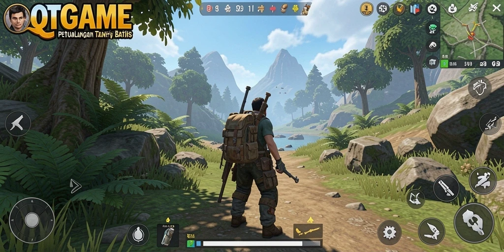 Screenshot QTGAME menampilkan karakter yang menjelajah dunia terbuka yang luas.